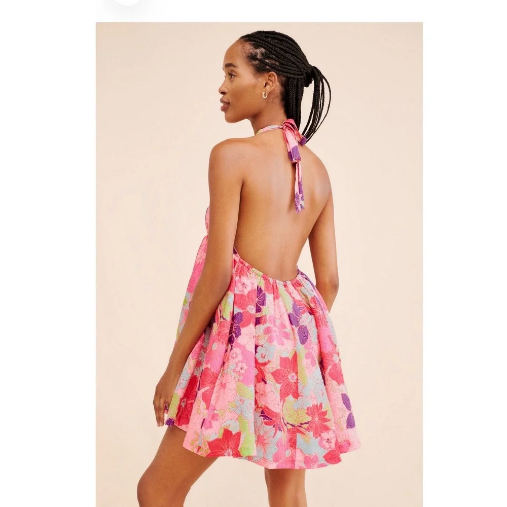Free People Pink Floral‎ Jacquard Halter Mini Dress Open Back Size L New